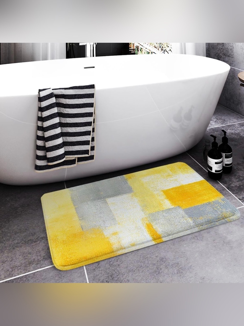 Britimes Abstract Yellow and Gray Bath Mat - Soft Plush Absorbent Rug 16x24 in